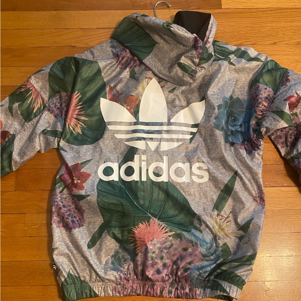Adidas Gray Hoodie with Green and Purple Floral Design SIZE SMALL